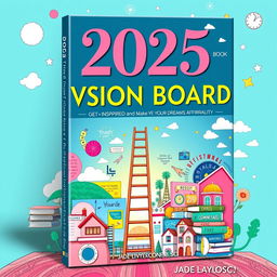 A visually striking and inspiring cover design for the book titled '2025 Vision Board Book: 800+ Images, Quotes, and Affirmations - Get INSPIRED and Make Your Dreams a Reality' by Jade Laycock, B