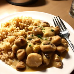 A delicious plate of Chicken Stroganoff served beside a generous helping of brown rice