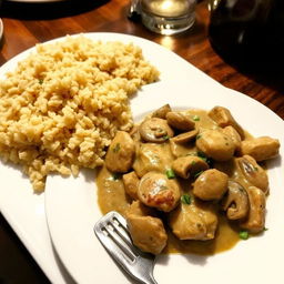 A delicious plate of Chicken Stroganoff served beside a generous helping of brown rice