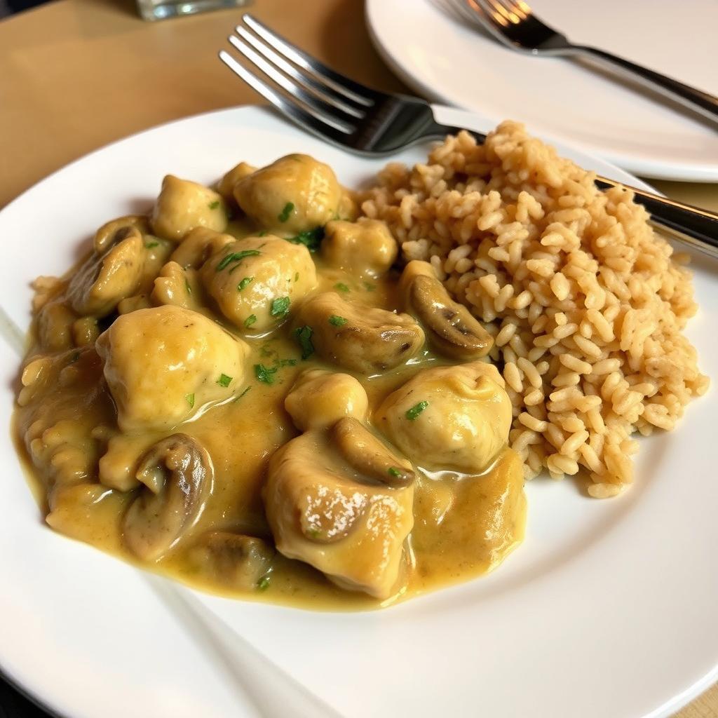 A delicious plate of Chicken Stroganoff served beside a generous helping of brown rice