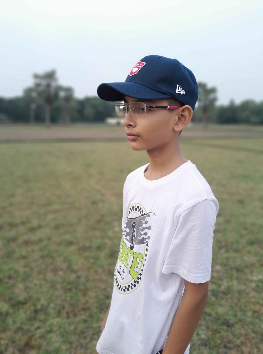 A young boy standing in an open grassy field, wearing a white T-shirt with a graphic design, glasses, and sporting a thoughtful expression as he looks into the distance