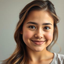 A portrait of a young woman with chubby cheeks and a soft, rounded chin, displaying a gentle, subtle smile