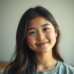 A portrait of a young woman with chubby cheeks and a soft, rounded chin, displaying a gentle, subtle smile