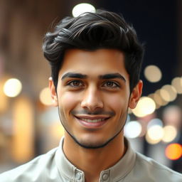 A close-up portrait of a handsome young man named Selim, with striking features and a captivating smile