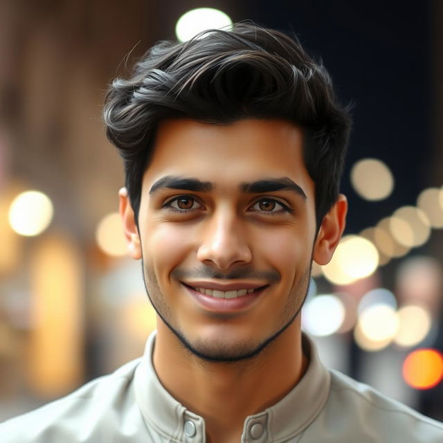 A close-up portrait of a handsome young man named Selim, with striking features and a captivating smile