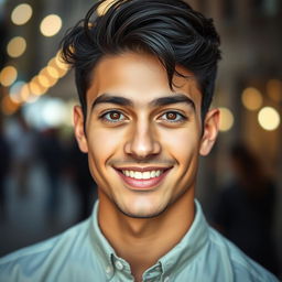 A close-up portrait of a handsome young man named Selim, with striking features and a captivating smile