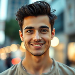 A close-up portrait of a handsome young man named Selim, with striking features and a captivating smile