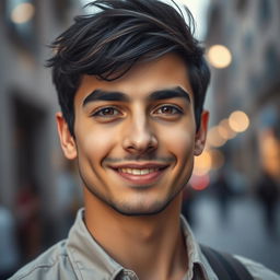 A close-up portrait of a handsome young man named Selim, with striking features and a captivating smile