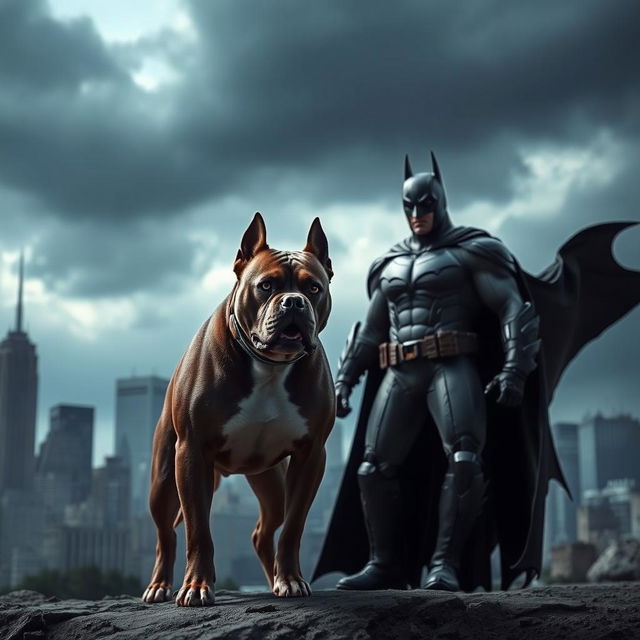 A dramatic scene depicting a fierce dog standing defiantly in front of Batman, showcasing the iconic Gotham City skyline in the background under a dark, cloudy sky