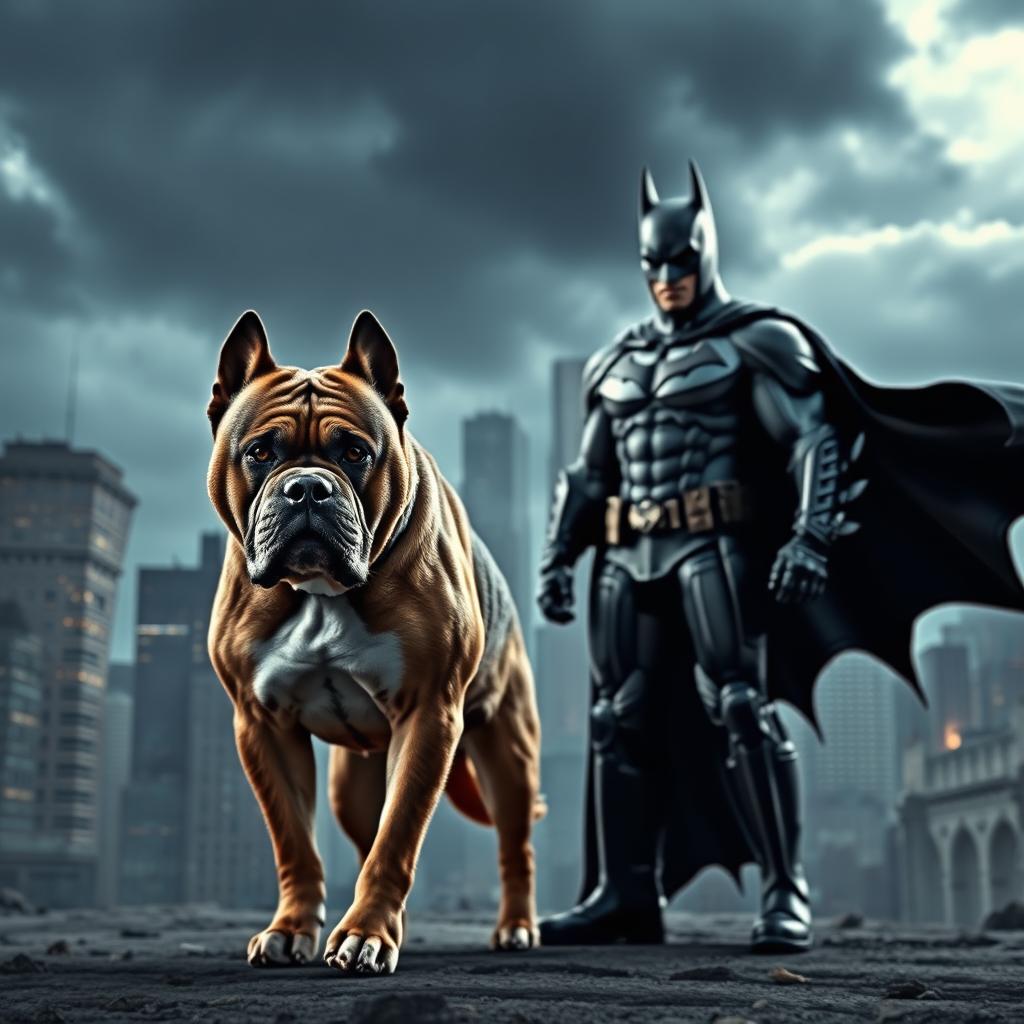 A dramatic scene depicting a fierce dog standing defiantly in front of Batman, showcasing the iconic Gotham City skyline in the background under a dark, cloudy sky