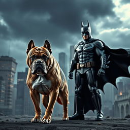 A dramatic scene depicting a fierce dog standing defiantly in front of Batman, showcasing the iconic Gotham City skyline in the background under a dark, cloudy sky