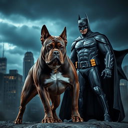 A dramatic scene depicting a fierce dog standing defiantly in front of Batman, showcasing the iconic Gotham City skyline in the background under a dark, cloudy sky