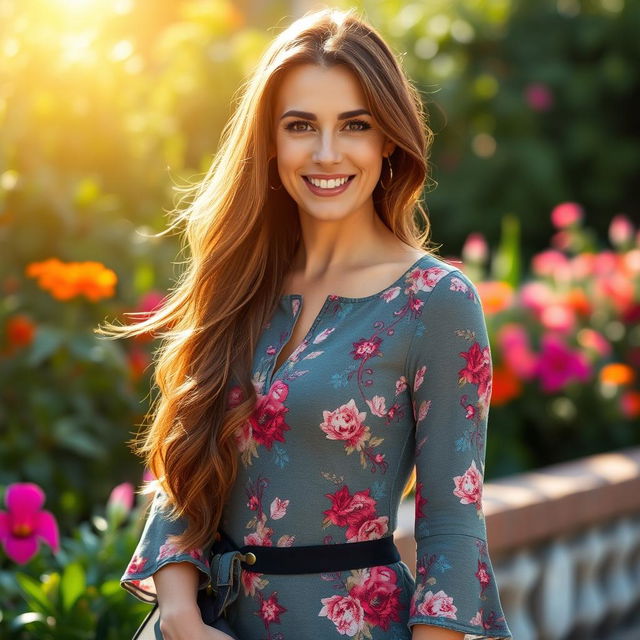 A stylish thirty-something woman with long flowing brown hair, wearing a form-fitting bohemian dress that features floral patterns