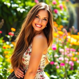 A stylish thirty-something woman with long flowing brown hair, wearing a form-fitting bohemian dress that features floral patterns