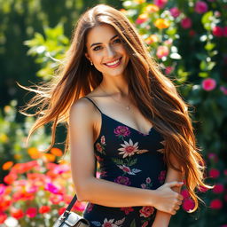 A stylish thirty-something woman with long flowing brown hair, wearing a form-fitting bohemian dress that features floral patterns