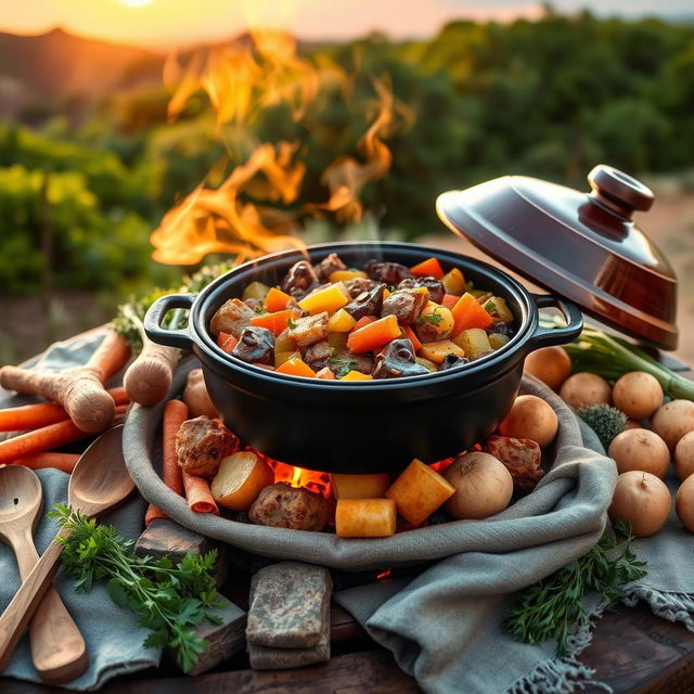 A beautifully arranged South African potjiekos meal, showcasing a traditional pot filled with a colorful mixture of meat and vegetables, simmering over an open fire