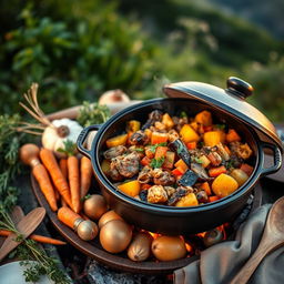 A beautifully arranged South African potjiekos meal, showcasing a traditional pot filled with a colorful mixture of meat and vegetables, simmering over an open fire