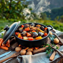 A beautifully arranged South African potjiekos meal, showcasing a traditional pot filled with a colorful mixture of meat and vegetables, simmering over an open fire