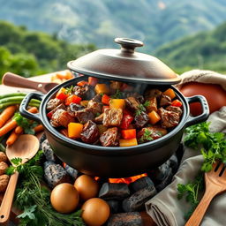 A beautifully arranged South African potjiekos meal, showcasing a traditional pot filled with a colorful mixture of meat and vegetables, simmering over an open fire