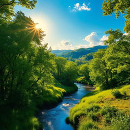 A vibrant, enchanting forest scene filled with lush trees, their leaves a brilliant light green, complemented by a serene river flowing through the landscape