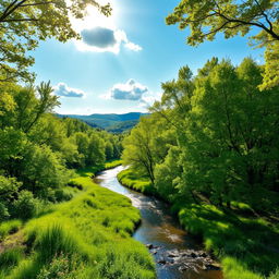 A vibrant, enchanting forest scene filled with lush trees, their leaves a brilliant light green, complemented by a serene river flowing through the landscape