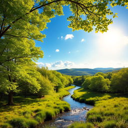 A vibrant, enchanting forest scene filled with lush trees, their leaves a brilliant light green, complemented by a serene river flowing through the landscape
