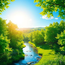 A vibrant, enchanting forest scene filled with lush trees, their leaves a brilliant light green, complemented by a serene river flowing through the landscape
