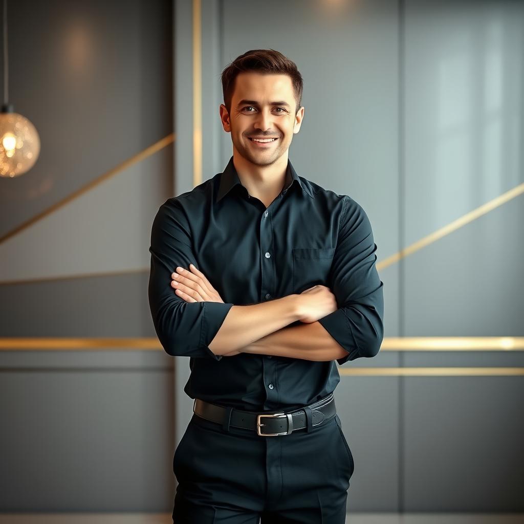 A confident corporate man in a fitted black shirt, posing smartly for a New Year wish banner