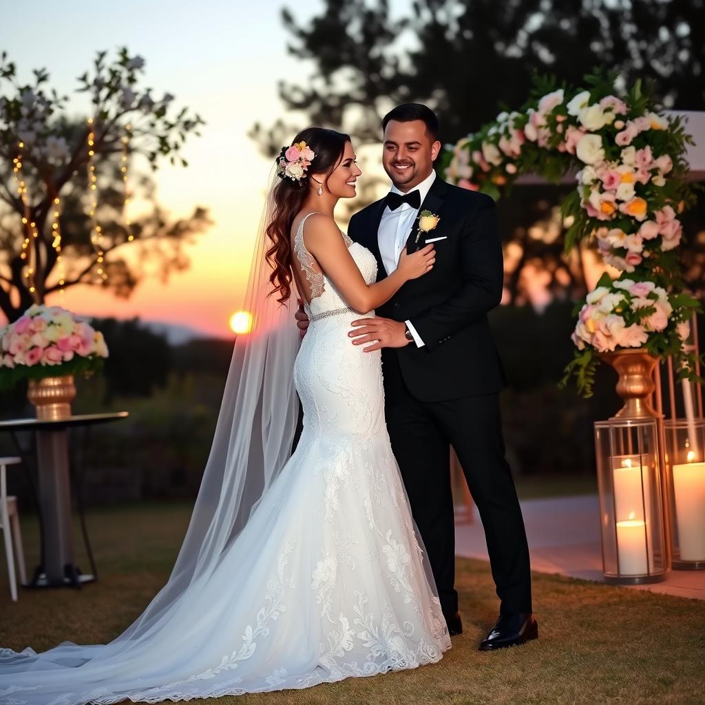 A beautifully elegant wedding scene featuring a radiant bride in a stunning white gown adorned with intricate lace details and a long flowing train