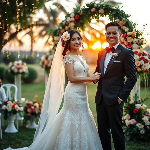 A beautifully elegant wedding scene featuring a radiant bride in a stunning white gown adorned with intricate lace details and a long flowing train