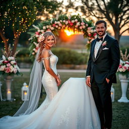 A beautifully elegant wedding scene featuring a radiant bride in a stunning white gown adorned with intricate lace details and a long flowing train