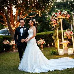 A beautifully elegant wedding scene featuring a radiant bride in a stunning white gown adorned with intricate lace details and a long flowing train