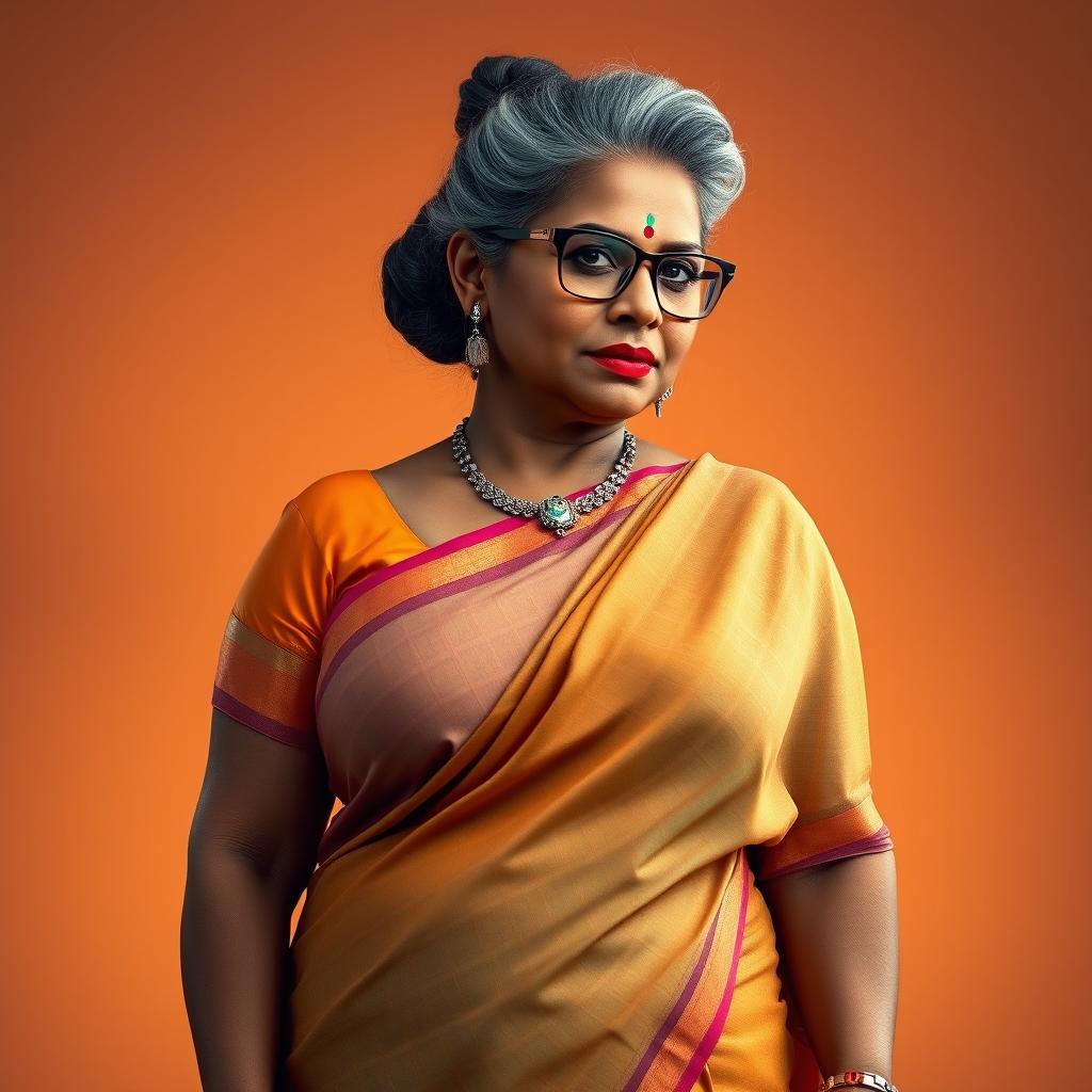 A stunningly beautiful Indian woman, 55 years old, with dusky skin and elegantly styled grey hairs in a bun, wearing fashionable glasses