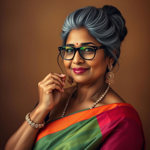 A stunningly beautiful Indian woman, 55 years old, with dusky skin and elegantly styled grey hairs in a bun, wearing fashionable glasses