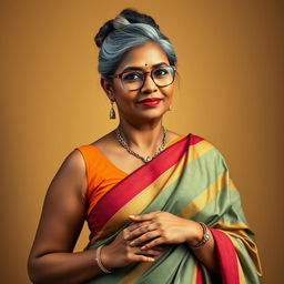 A stunningly beautiful Indian woman, 55 years old, with dusky skin and elegantly styled grey hairs in a bun, wearing fashionable glasses