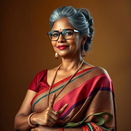 A stunningly beautiful Indian woman, 55 years old, with dusky skin and elegantly styled grey hairs in a bun, wearing fashionable glasses