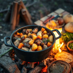 A beautifully styled traditional South African Potjiekos dish, featuring a rich and colorful array of ingredients
