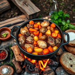 A beautifully styled traditional South African Potjiekos dish, featuring a rich and colorful array of ingredients