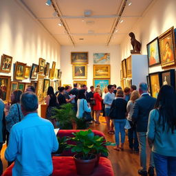 A vibrant art gallery interior filled with colorful paintings and sculptures