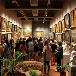 A vibrant art gallery interior filled with colorful paintings and sculptures
