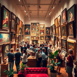 A vibrant art gallery interior filled with colorful paintings and sculptures