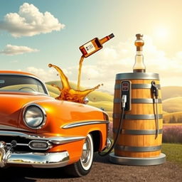 A whimsical and surreal scene depicting a vintage car being filled with whiskey instead of gasoline