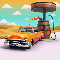 A whimsical and surreal scene depicting a vintage car being filled with whiskey instead of gasoline