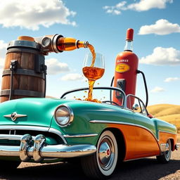 A whimsical and surreal scene depicting a vintage car being filled with whiskey instead of gasoline