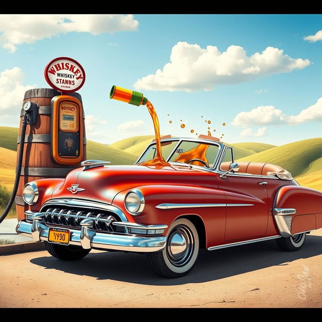 A whimsical and surreal scene depicting a vintage car being filled with whiskey instead of gasoline