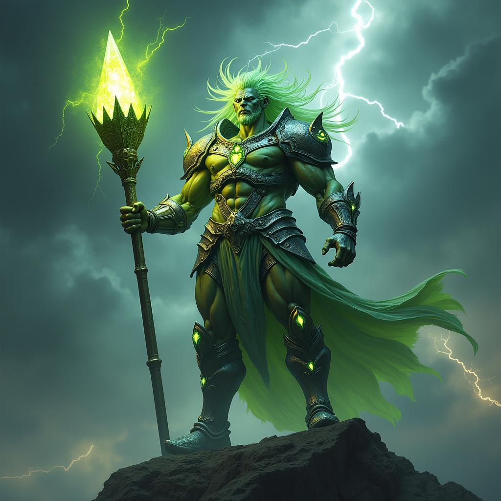 A formidable god of metal and radiation, standing tall on a jagged cliff under a stormy sky