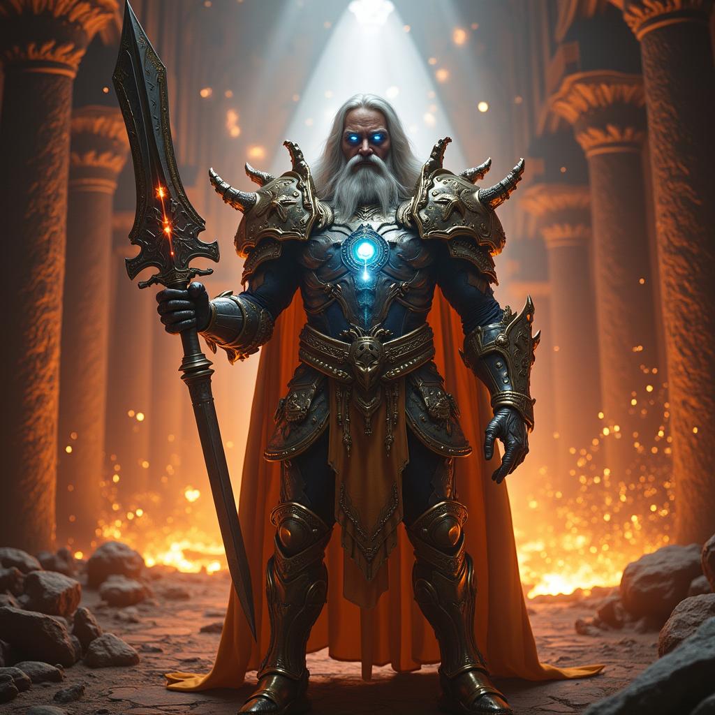 An awe-inspiring god of metal, radiation, forge, and intelligence, depicted standing in a grand, ancient forge with a glowing molten pool of metal in the background