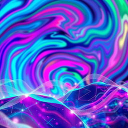 An abstract composition that resembles an AI-generated image, featuring a vibrant blend of colors and intricate geometric shapes