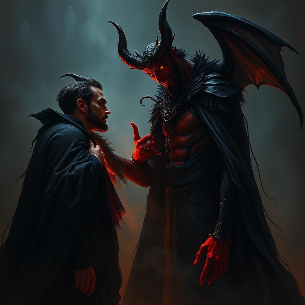 A captivating depiction of the Devil in a dark, mystical setting, engaging with a human in a moment of temptation