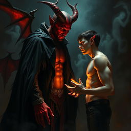 A captivating depiction of the Devil in a dark, mystical setting, engaging with a human in a moment of temptation